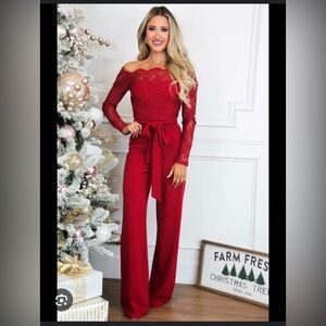 Sinclair Lace Off Shoulder Jumpsuit (burgundy)